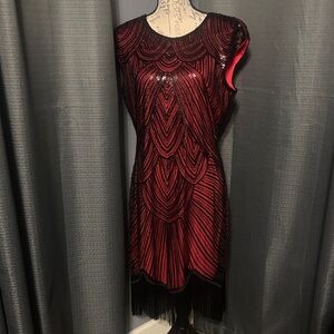 SHEIN Elegant Red and Black Beaded Midi Dress must have !!